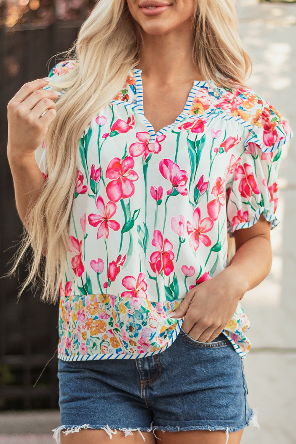 floral print striped detail split neck short sleeve blouse