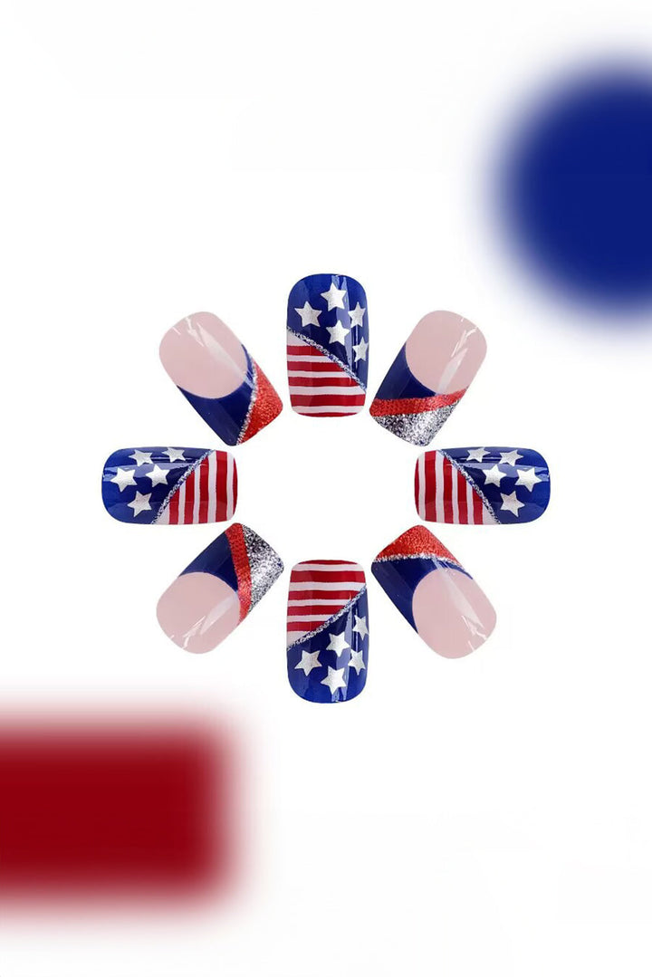American Flag Shiny Square False Nails