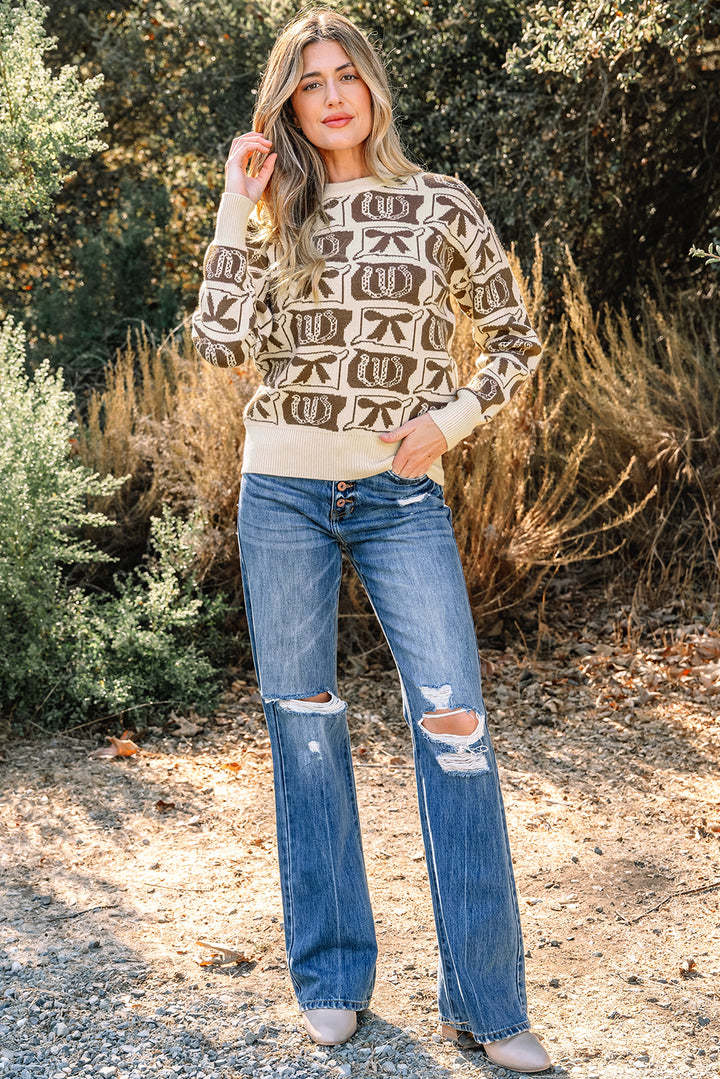 Bows & Horseshoes Pattern Western Fashion Print Sweater