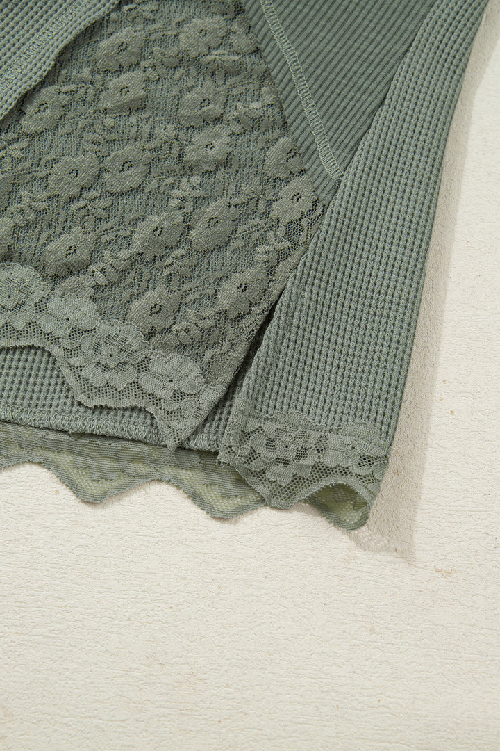 Solid Color Waffle Ribbed Lace Patchwork Long Sleeve Top