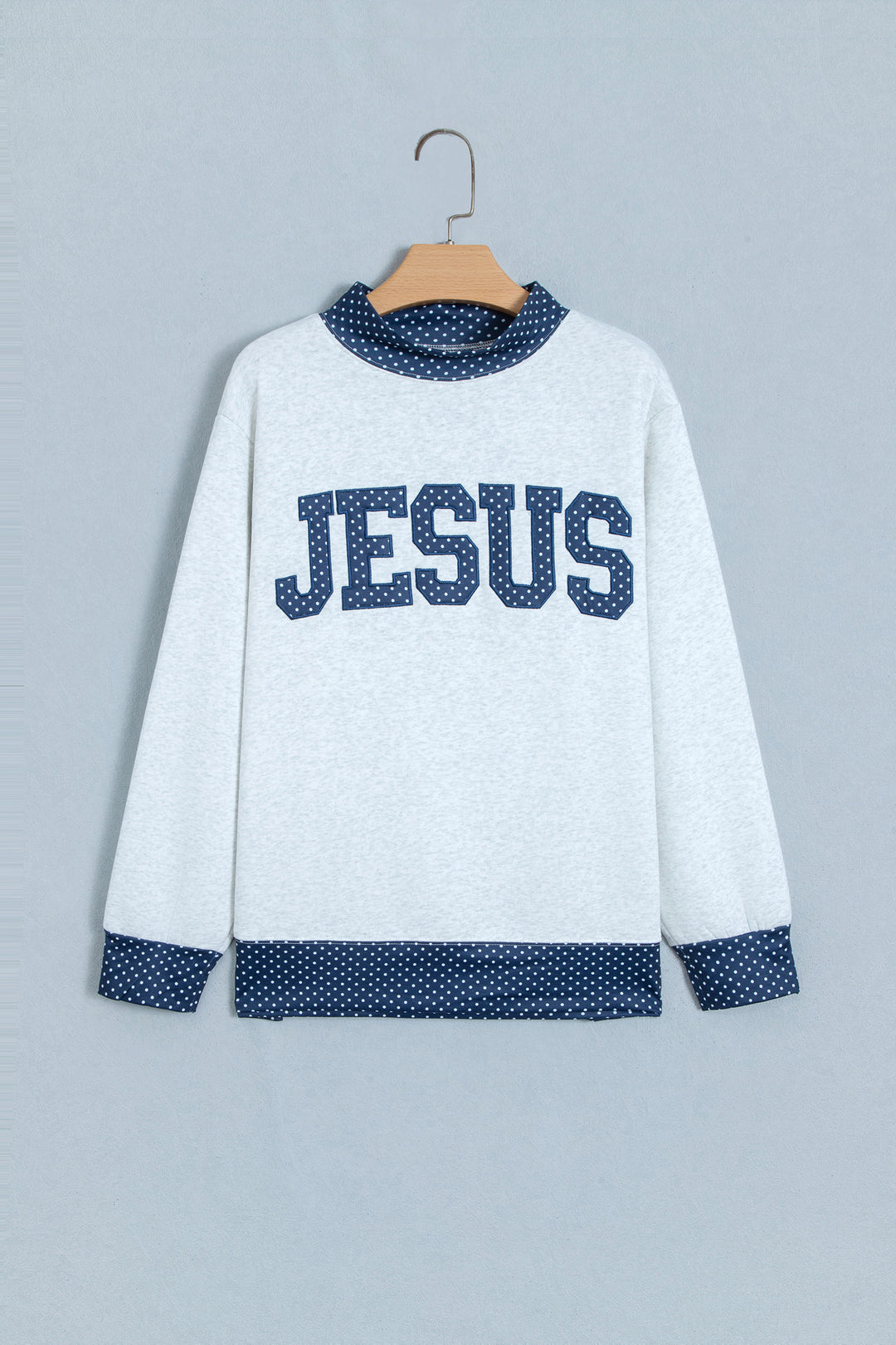 Light Grey Polka Dot Contrast Trim JESUS Letter Graphic Sweatshirt