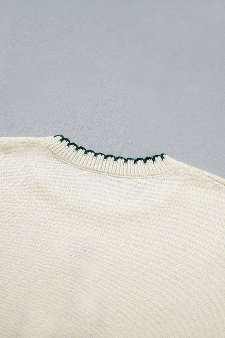 Beige Stitched Detail Christmas Tree Holiday Casual Sweater