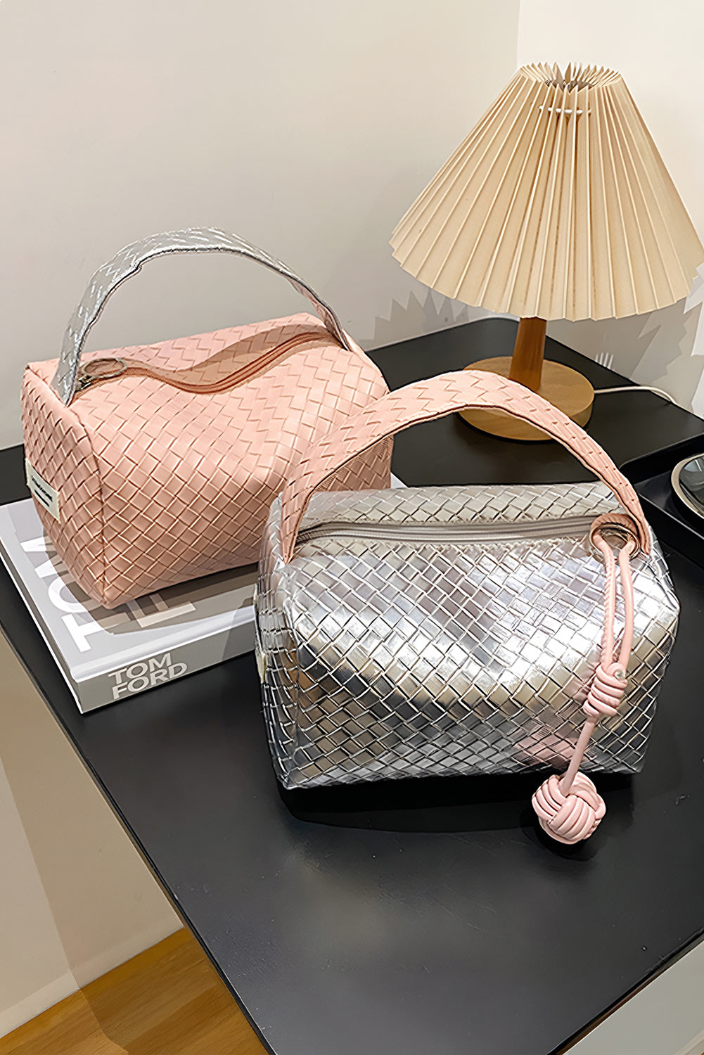 Lattice Texture Corded Ball Decor Weaven Handle Cosmetic Bag