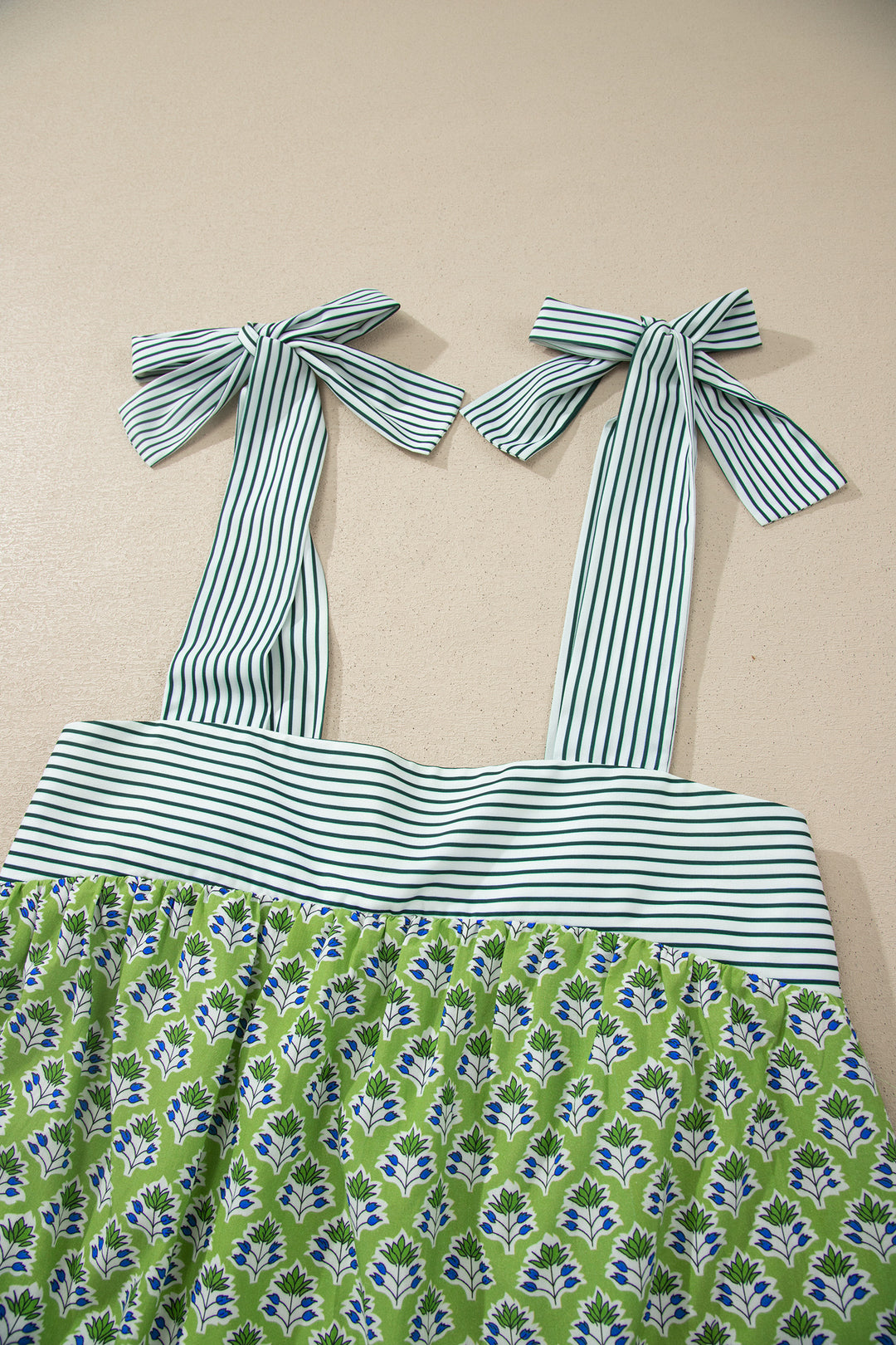 Green Floral Printed Knot Straps Babydoll Tank Top