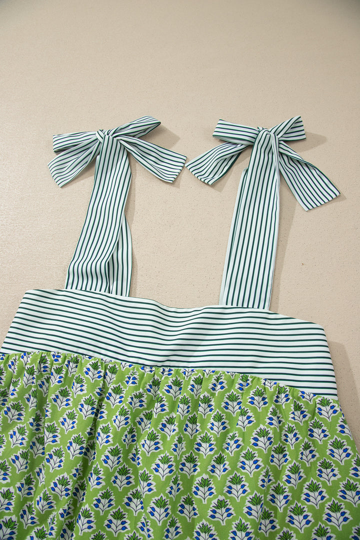 Green Floral Printed Knot Straps Babydoll Tank Top