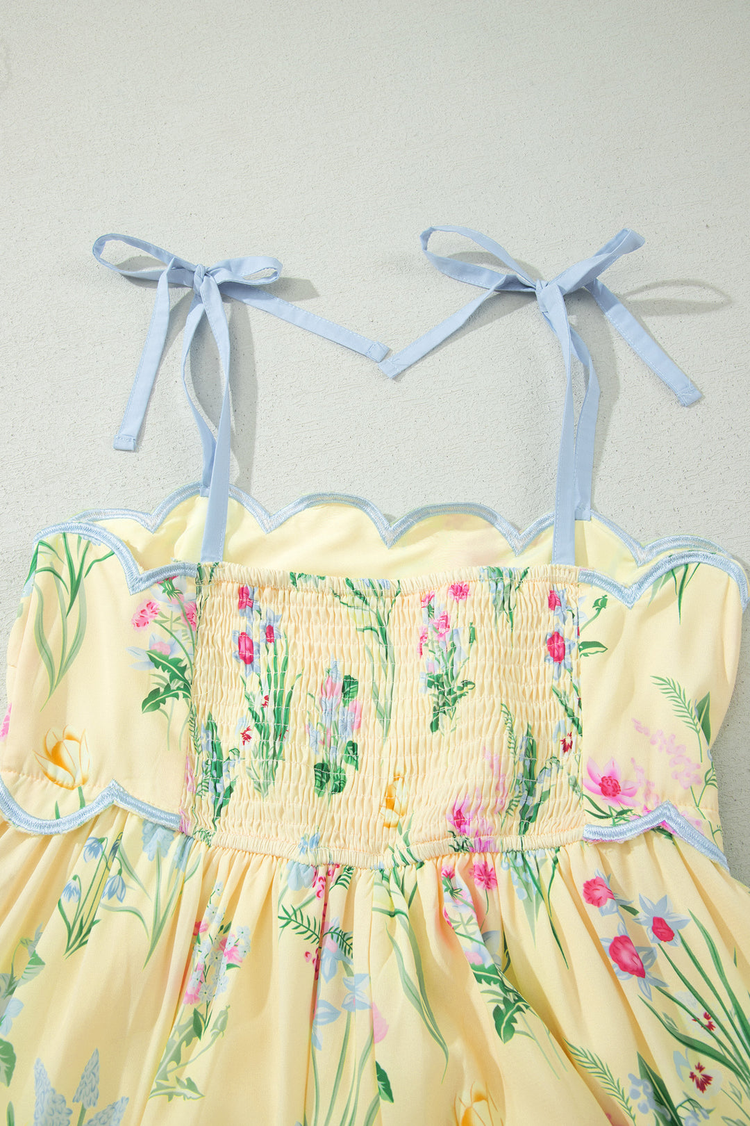 Chic Yellow Floral Print Contrast Trim Self-tie Straps High Waist Midi Dress