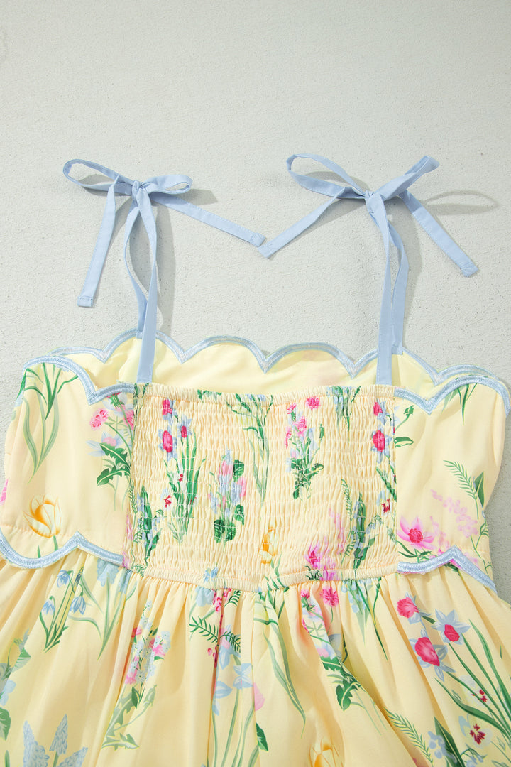 Chic Yellow Floral Print Contrast Trim Self-tie Straps High Waist Midi Dress