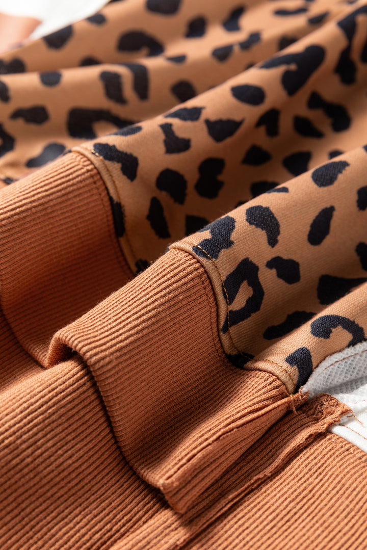 Color Block Patchwork Leopard Casual Sweatshirt with Slits