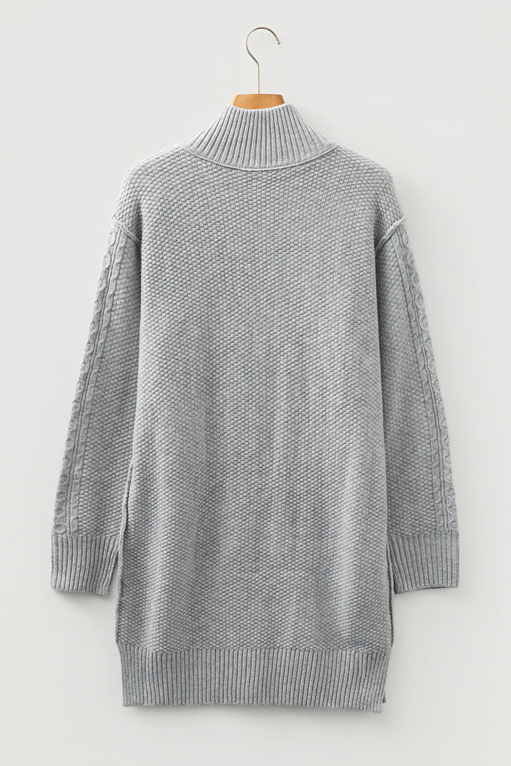 High Cable Knit Quarter Zip Ribbed Trim Loose Sweater Dress