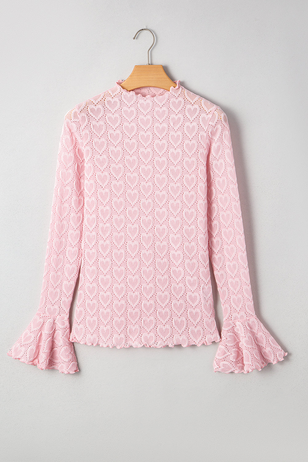 Heart Jacquard Flare Sleeve Mock Neck Fitted Top