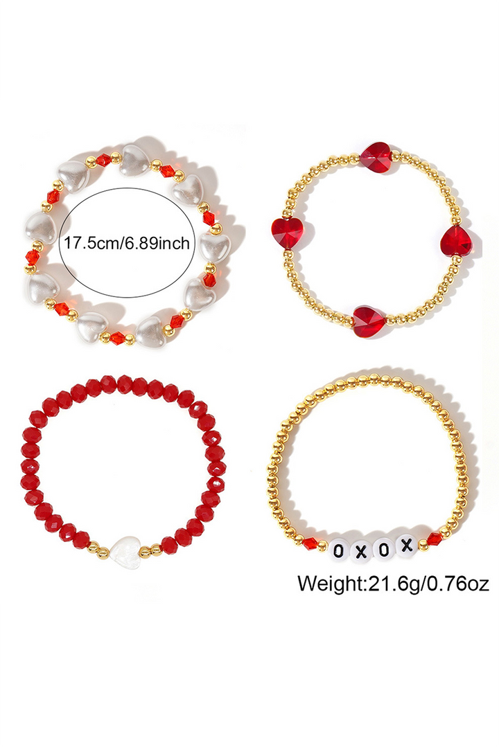 Bracelet superposé en perles cœur XOXO, 4 pièces