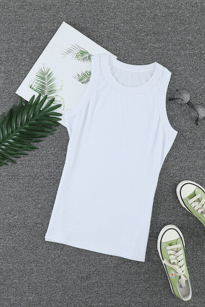 Solid  Round Neck Ribbed Tank Top