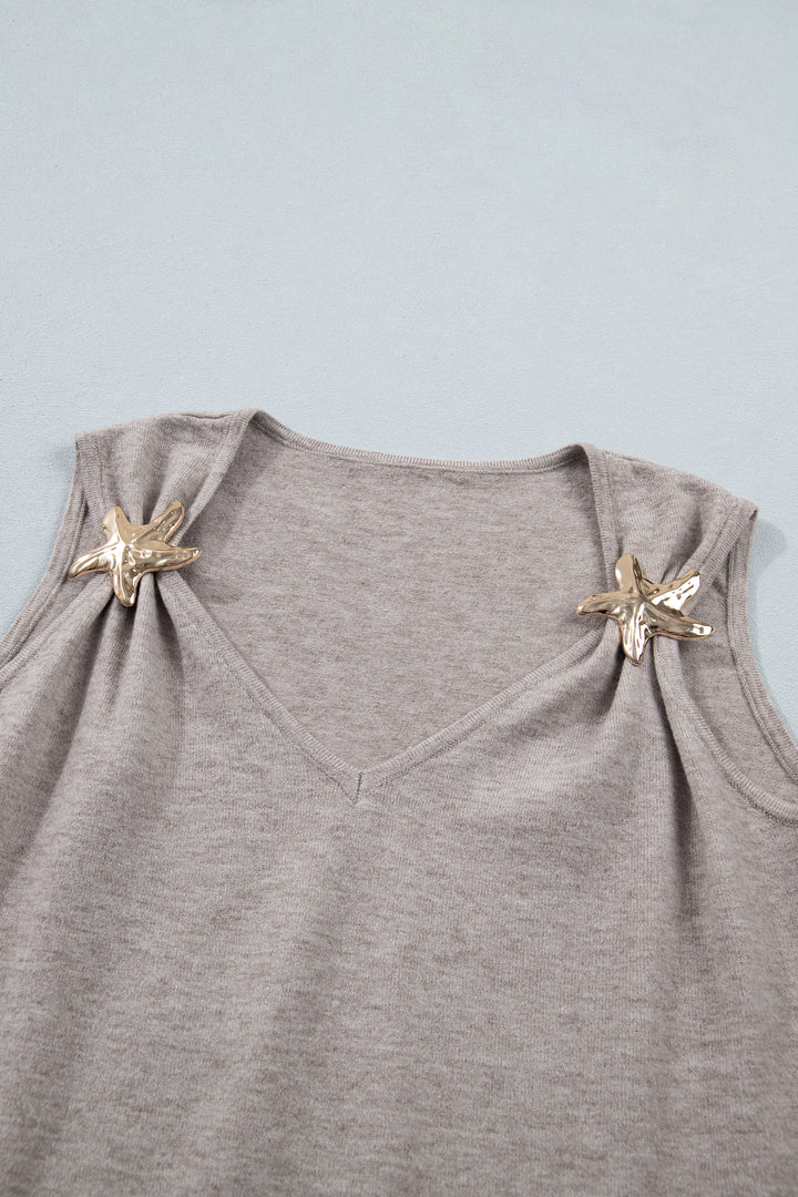 Gray Morn Metal Star Detail V Neck Sweater Knit Tank Top