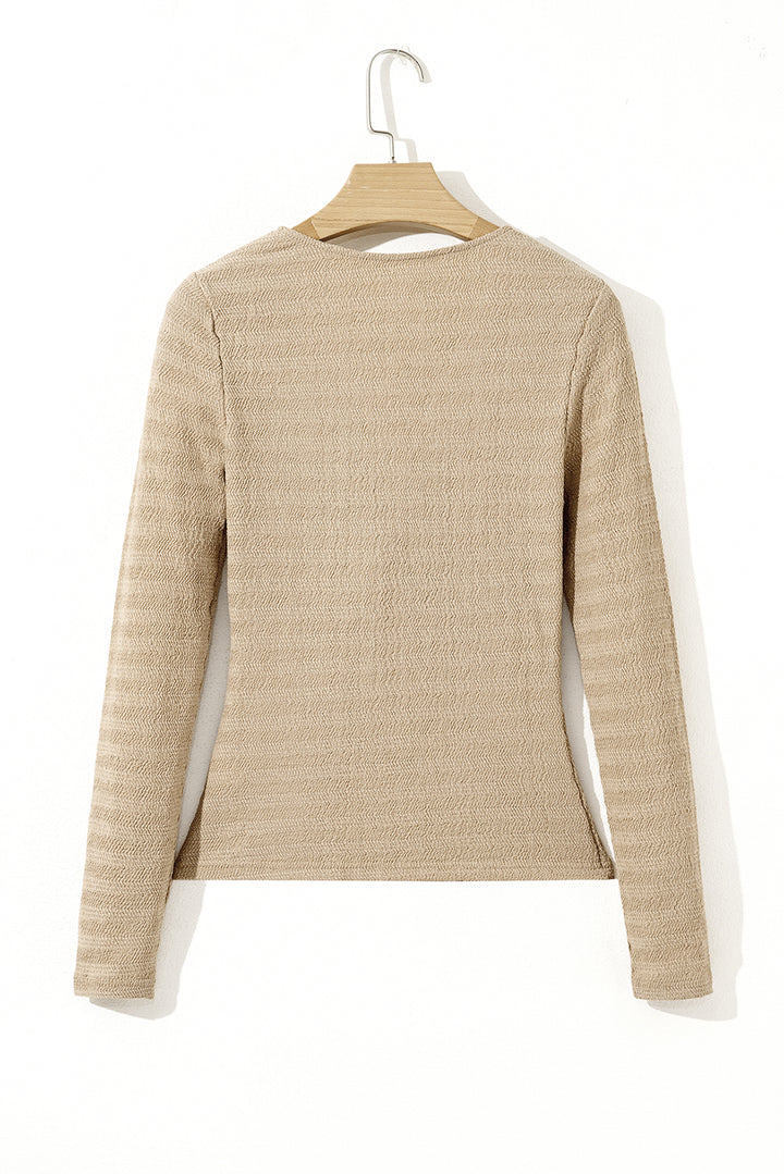 Pale Khaki V Neck Long Sleeve Slim Solid Color Top
