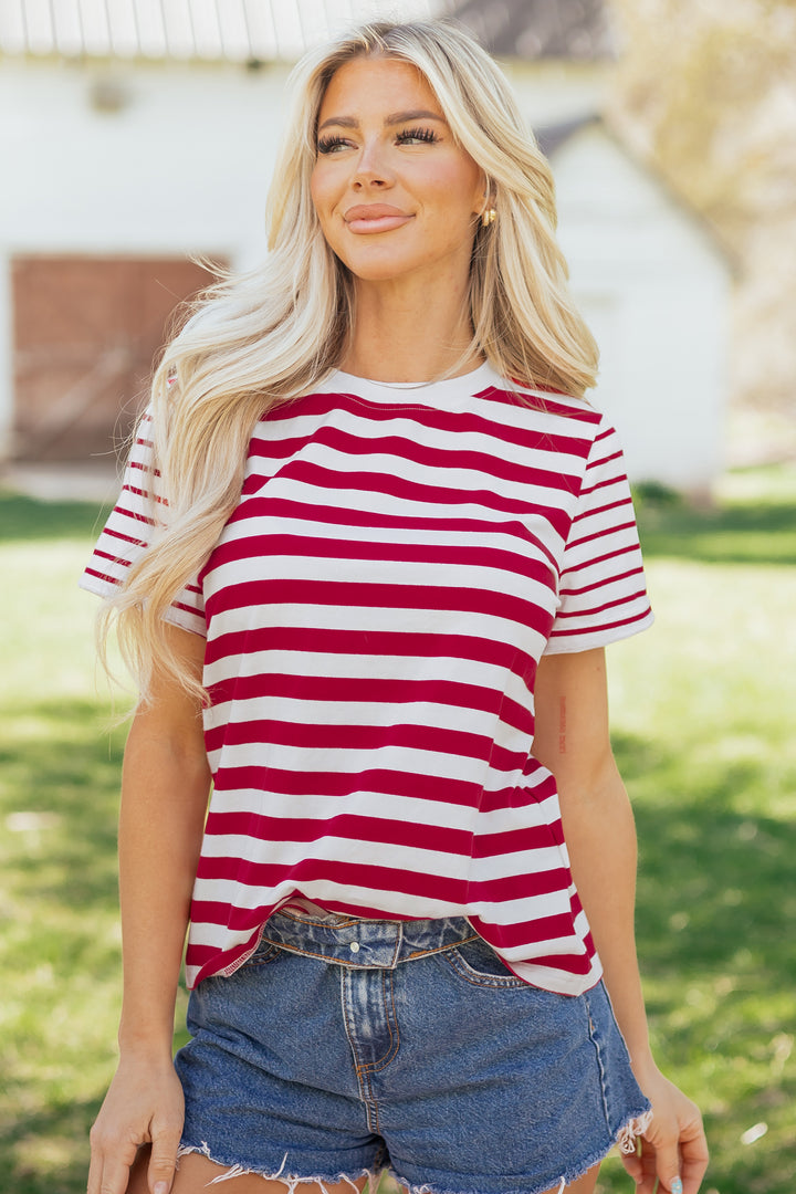 Red Stripe Patchwork Round Neck Short Sleeve T Shirt