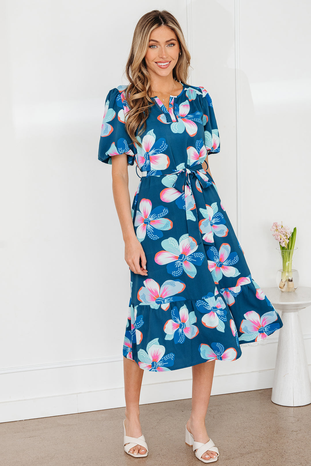 Floral Print Short Puff Sleeve Ruffle Hem Belted Long Dress