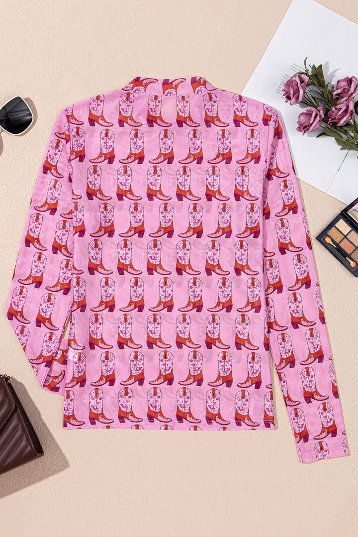 cowgirl boots printed mock neck long sleeve mesh top