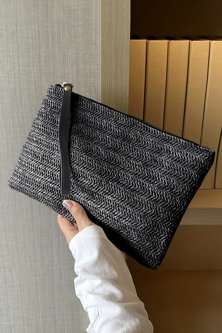 Straw Woven Wrist Strap Zipper Large Wallet