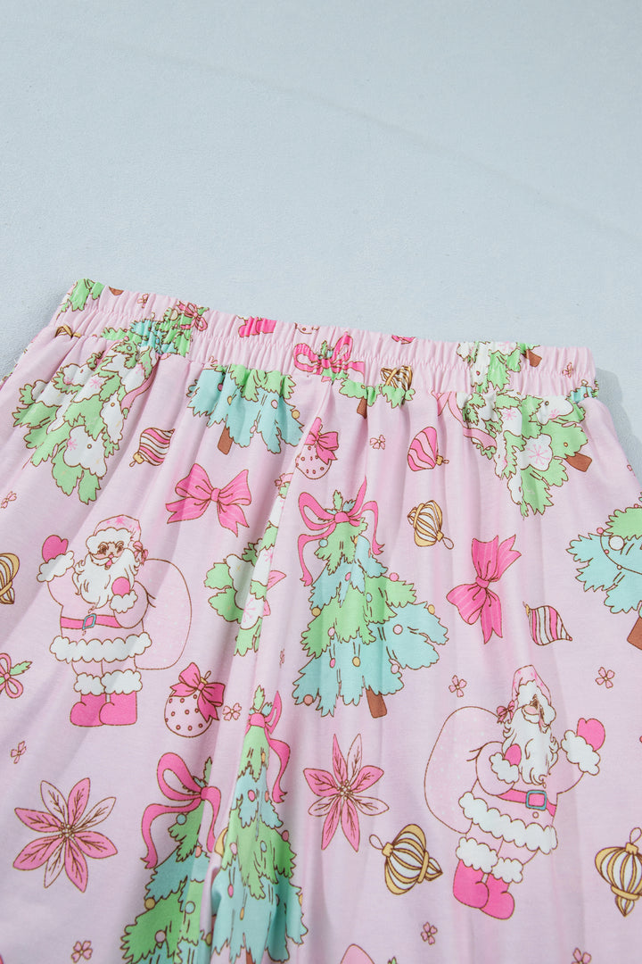 Pink Christmas Print Button Front Long Sleeve Lounge Set