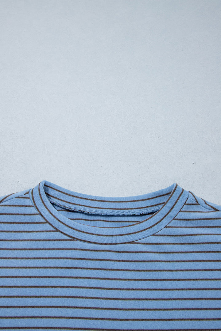 Sky Blue Stripe Color Block Contrast Long Sleeve Round Neck Casual Shift Pullover