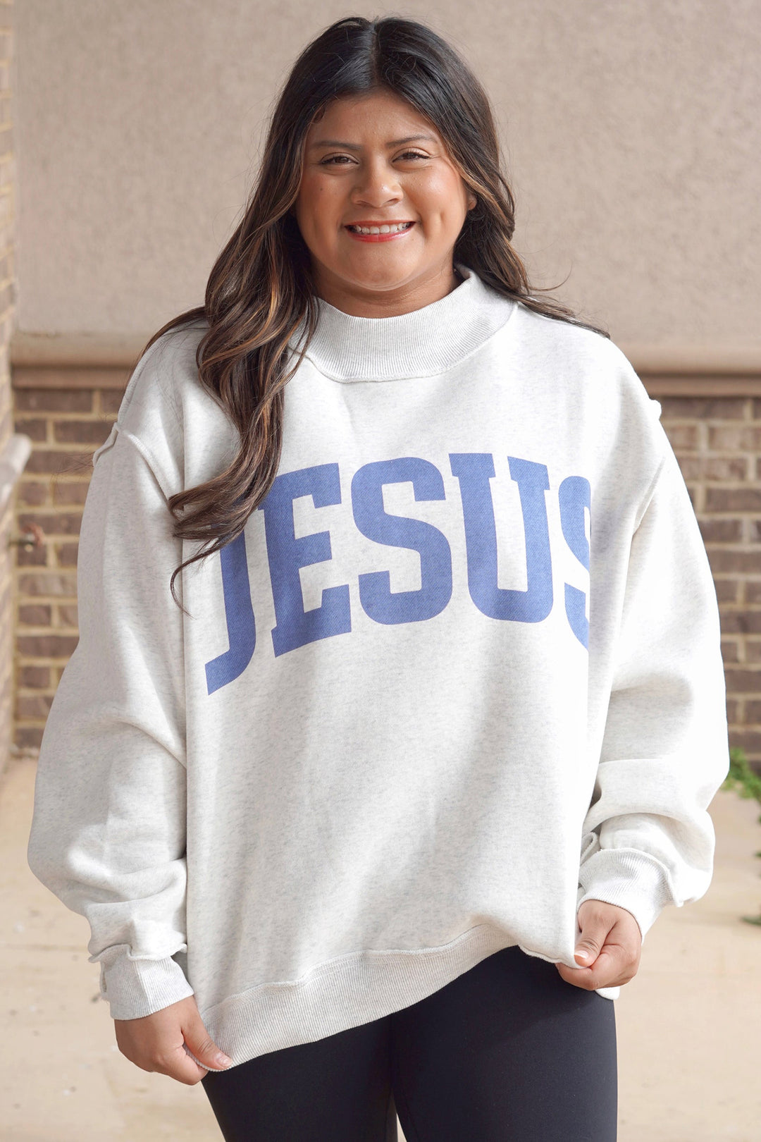 Light Grey Jesus Slogan Stand Neck Long Sleeve Oversized Tunic Plus Size Sweatshirt