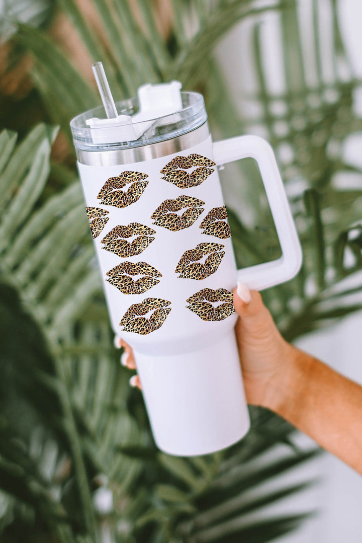 Valentine Leopard Lips Print Thermos Cup with Straw 40oz