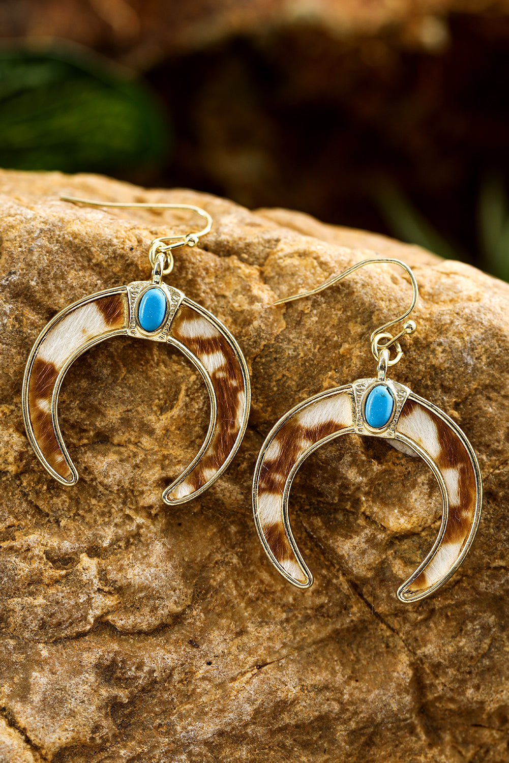 Cow Print Turquoise Inlay Crescent Shaped Dangle Earrings