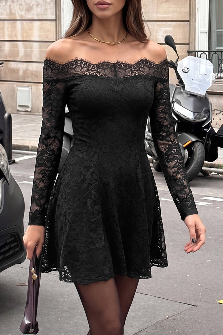 Black Off Shoulder Floral Lace Long Sleeve Fit Flare Mini Dress