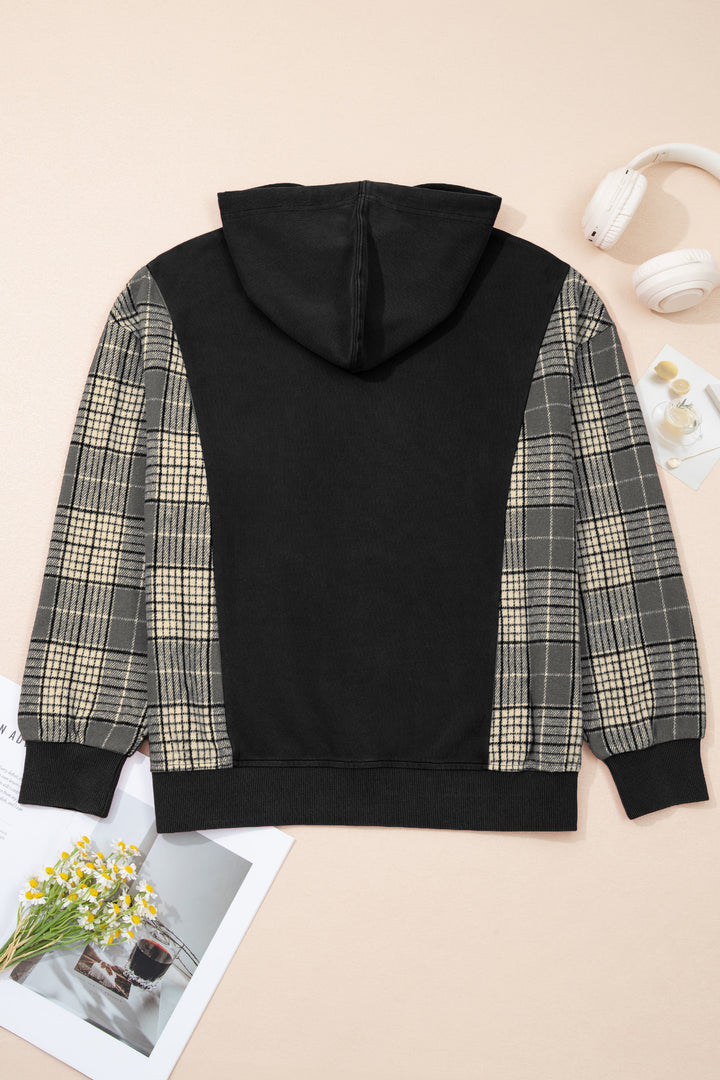 Black Plaid Sleeve Drawstring Pocket Hooded Sweatshirt