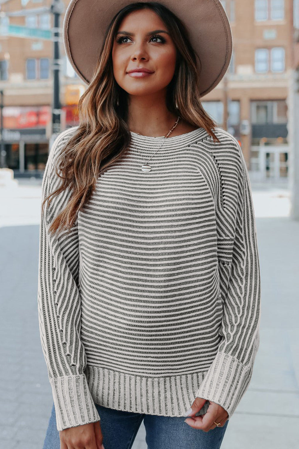 Striped Print Ribbed Knit Boat Neck Baggy Sweater