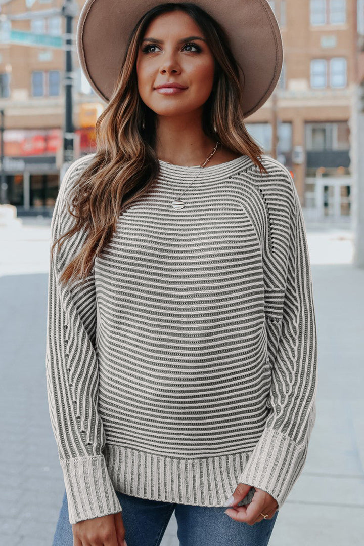 Striped Print Ribbed Knit Boat Neck Baggy Sweater