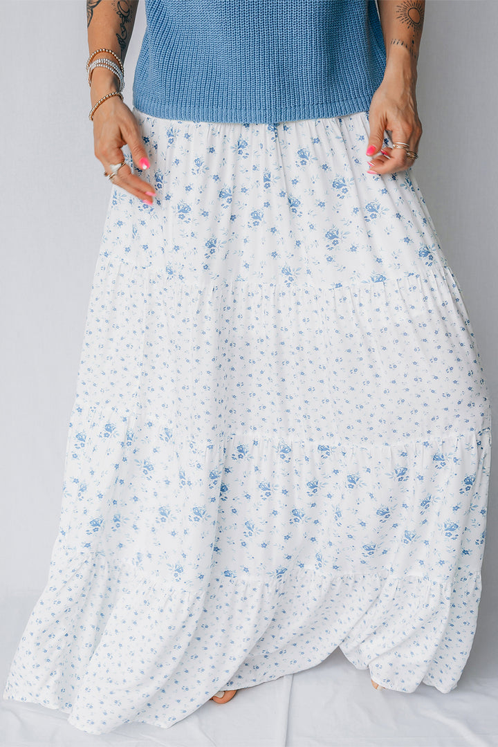 Chic Sky Blue High Waist Tiny Floral Print Boho Maxi Skirt