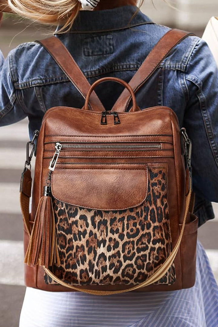 Sac à dos fonctionnel en cuir PU à motif patchwork léopard