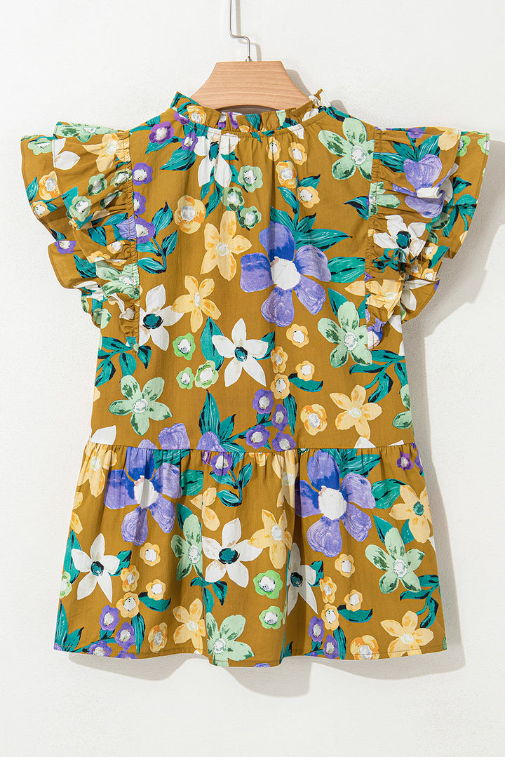 floral print tiered flutter sleeve v neck top