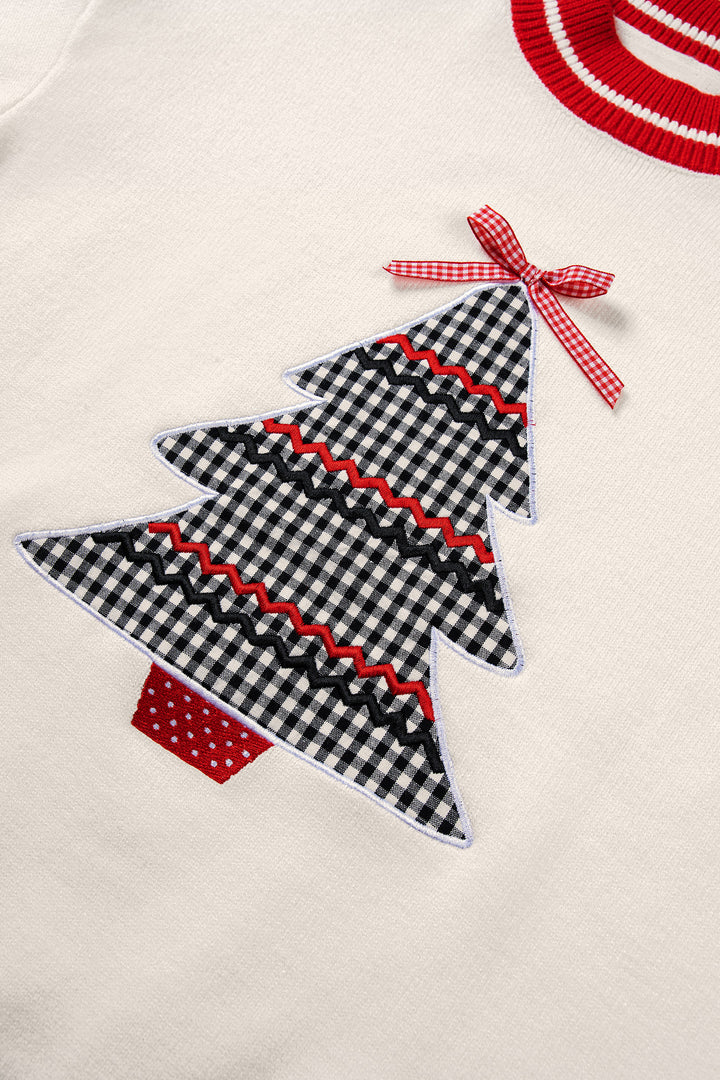 White Christmas Plaid Tree Applique Round Neck Loose Sweater