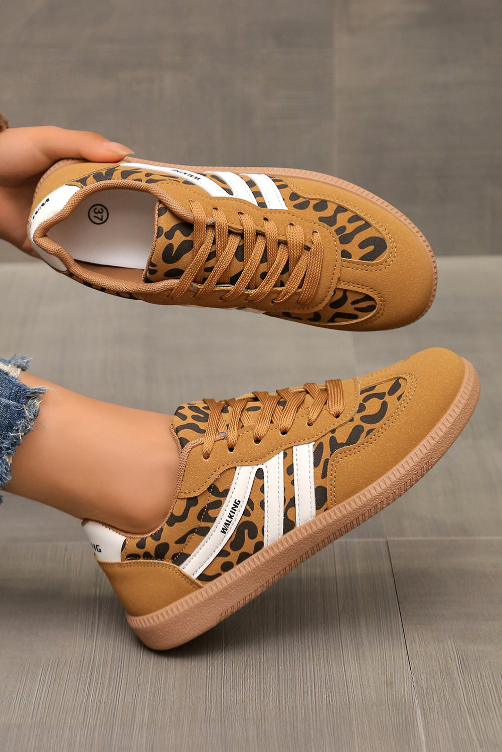 PU Leather Leopard Patchwork Contrast Detail Lace-up Shoes