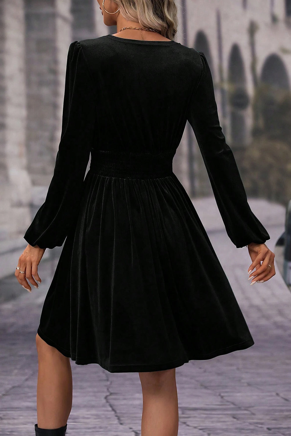 Luxurious Black Velvet Long Sleeve Surplice High Waist Mini Dress