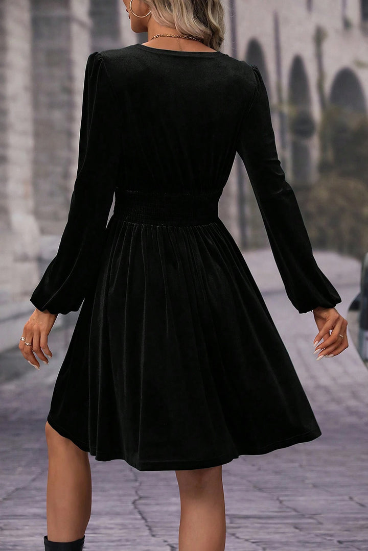 Luxurious Black Velvet Long Sleeve Surplice High Waist Mini Dress