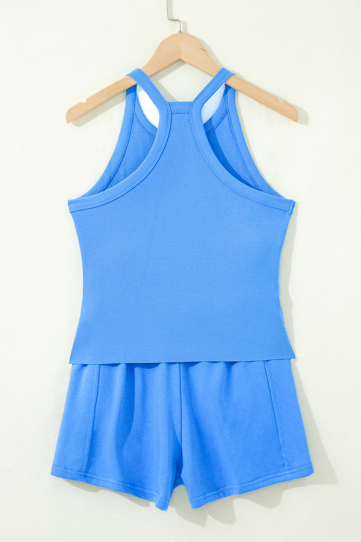 Sky Blue Slim Tank Top Elastic High Waist Shorts 2pcs Outfit