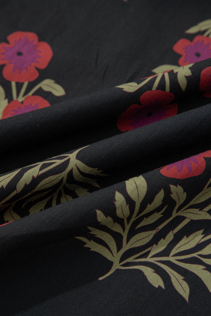Black Floral Short Bubble Sleeve Tiered Maxi Dress