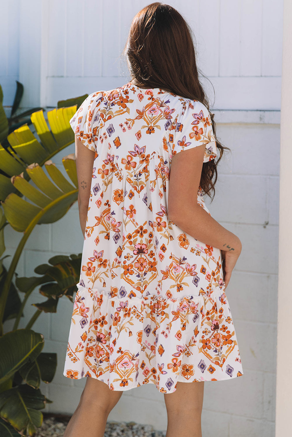 Floral Geometric Print Ruffled Trim Flutter Sleeve Mini Dress