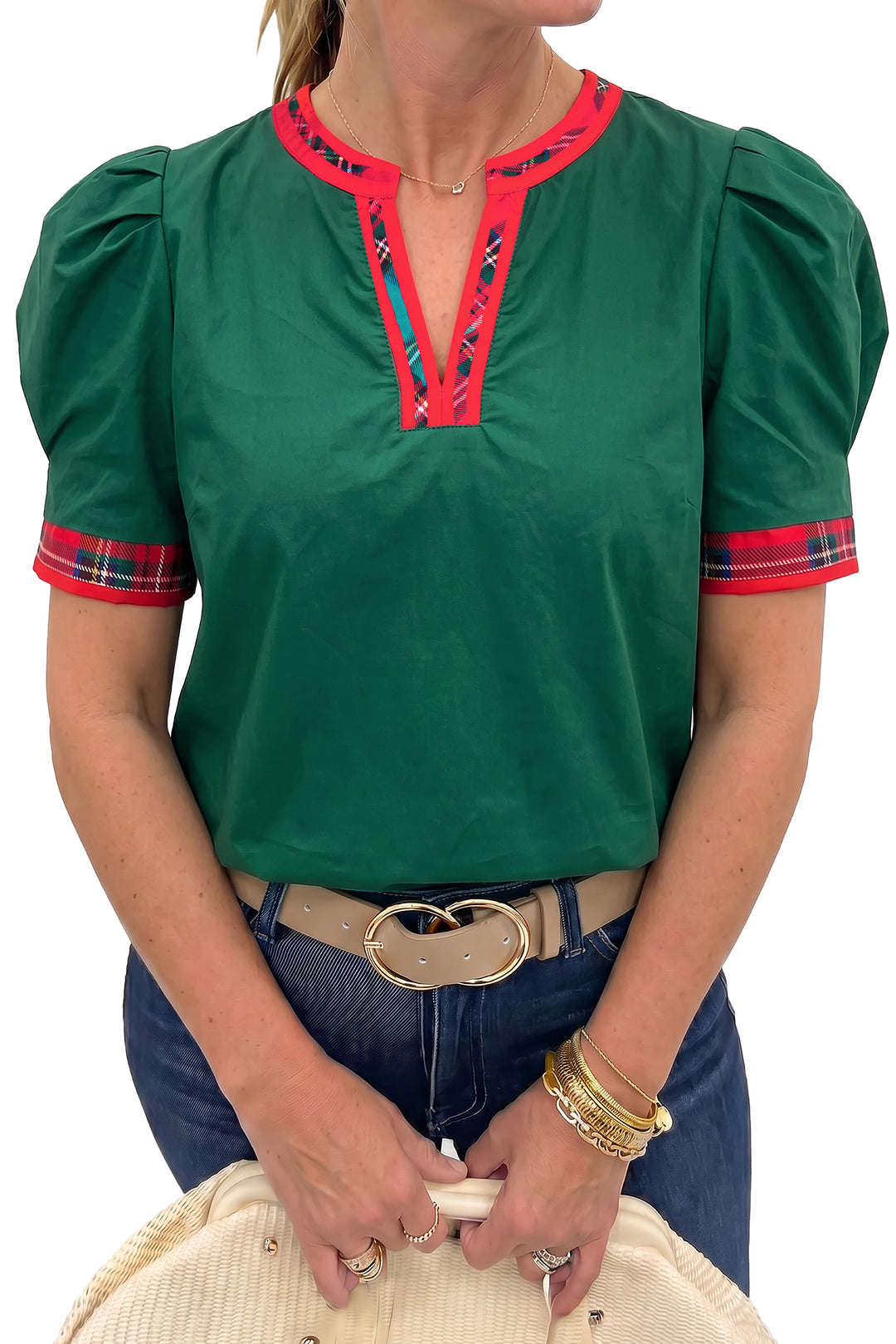 Evergreen Plaid Trim V Neck Short Sleeve Shift Blouse