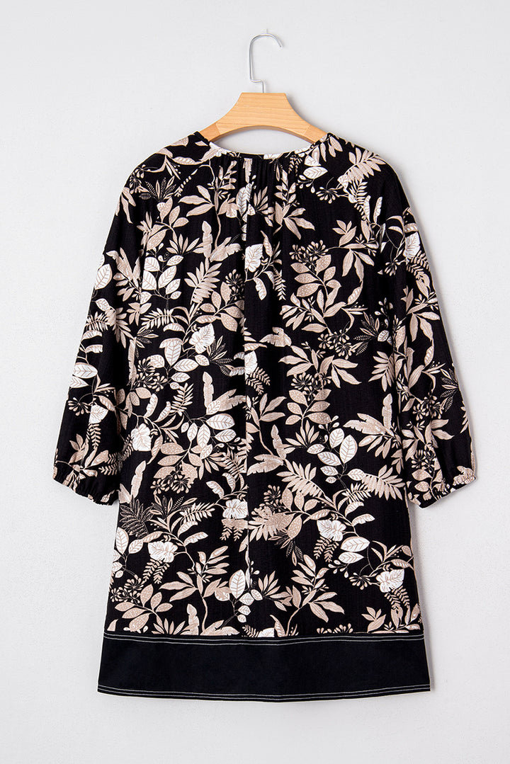 3/4 Sleeve Botanical Print Split Neck Loose Mini Dress