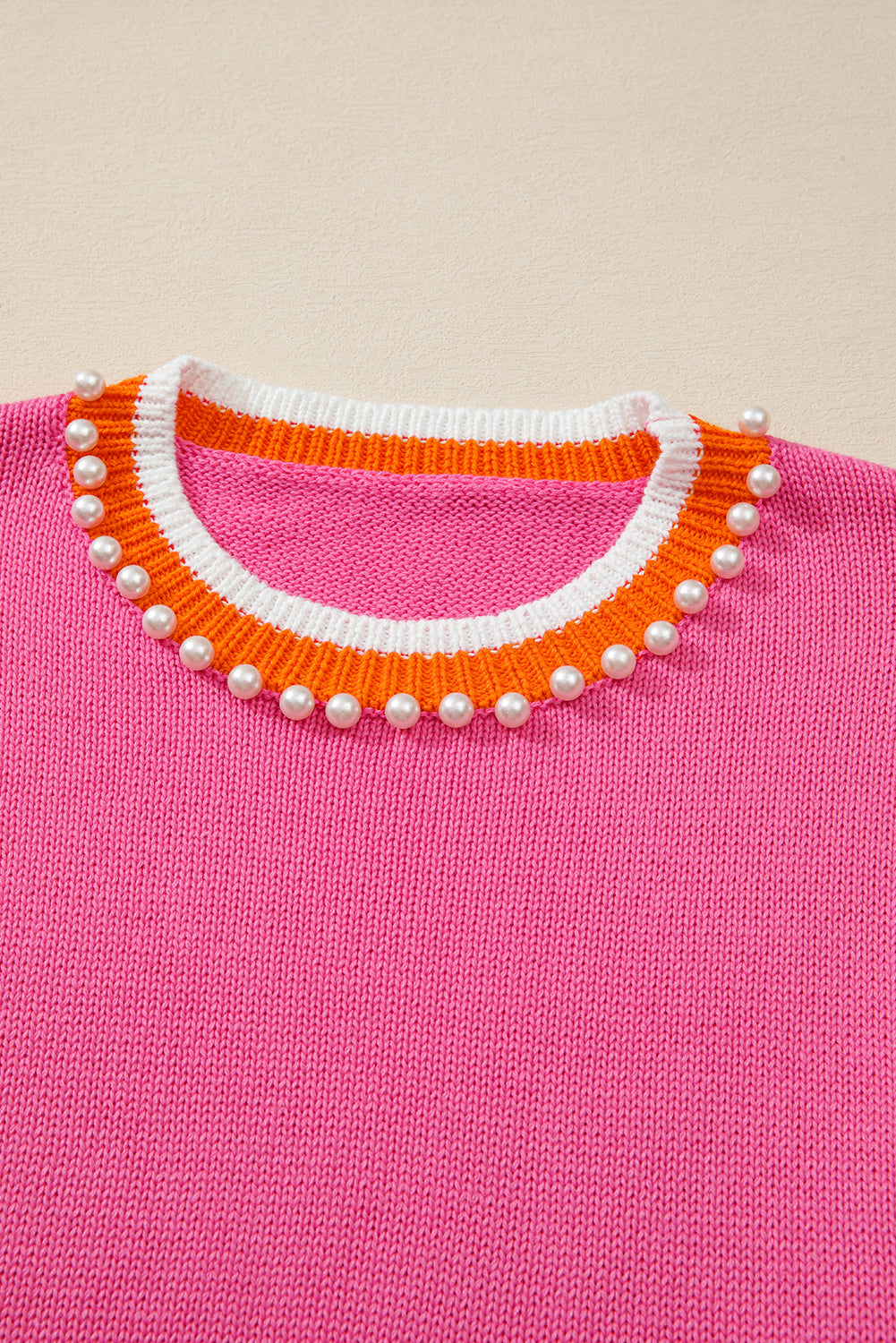 Sachet Pink Contrast Crew Neck Pearled Decor Drop Shoulder Knit Sweater