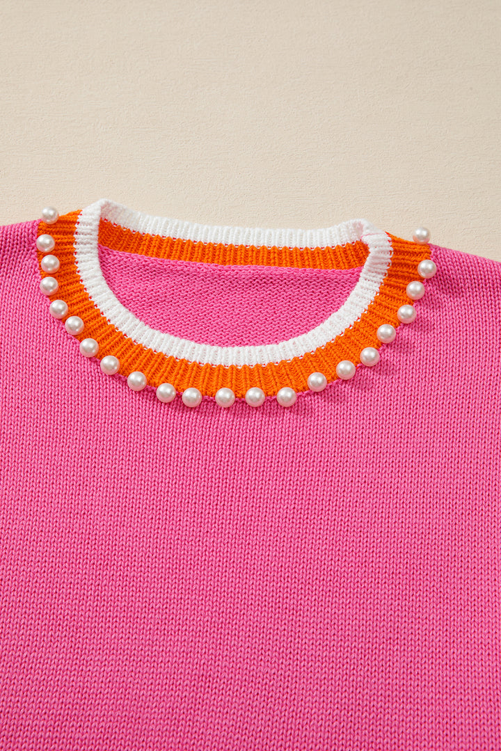 Sachet Pink Contrast Crew Neck Pearled Decor Drop Shoulder Knit Sweater