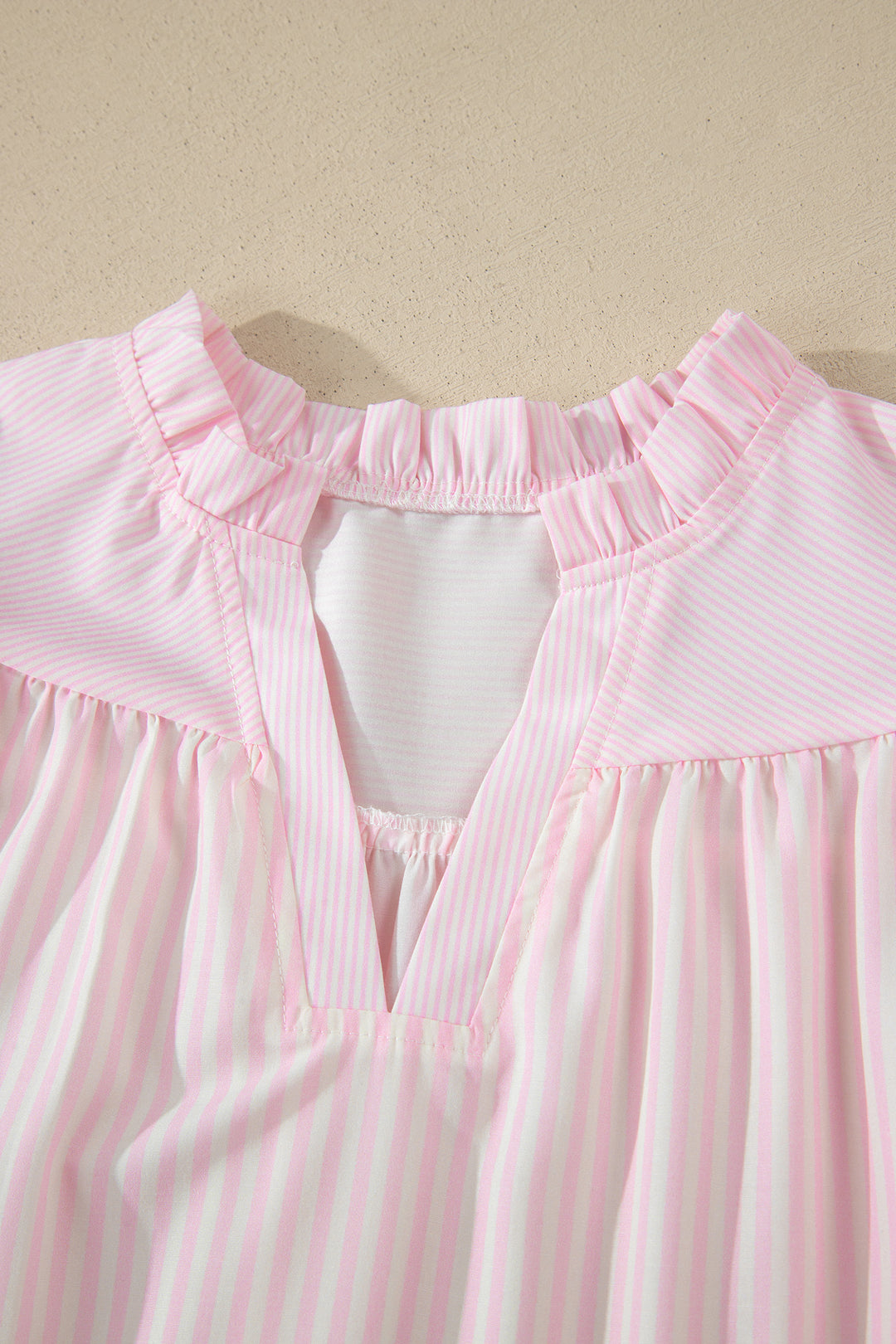Pink Stripe Contrast Trim V Neck Flutter Sleeve Blouse