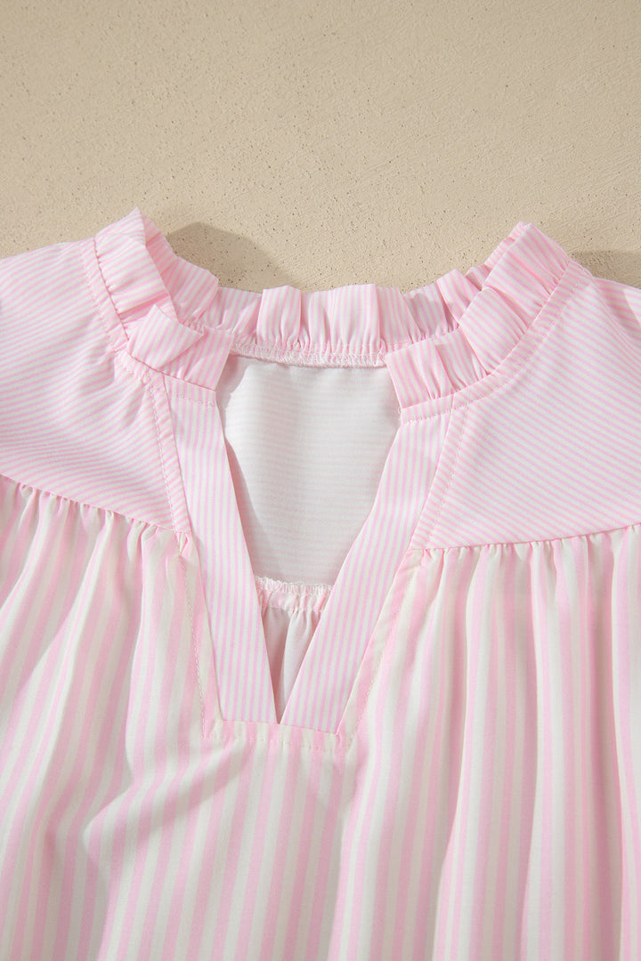 Pink Stripe Contrast Trim V Neck Flutter Sleeve Blouse