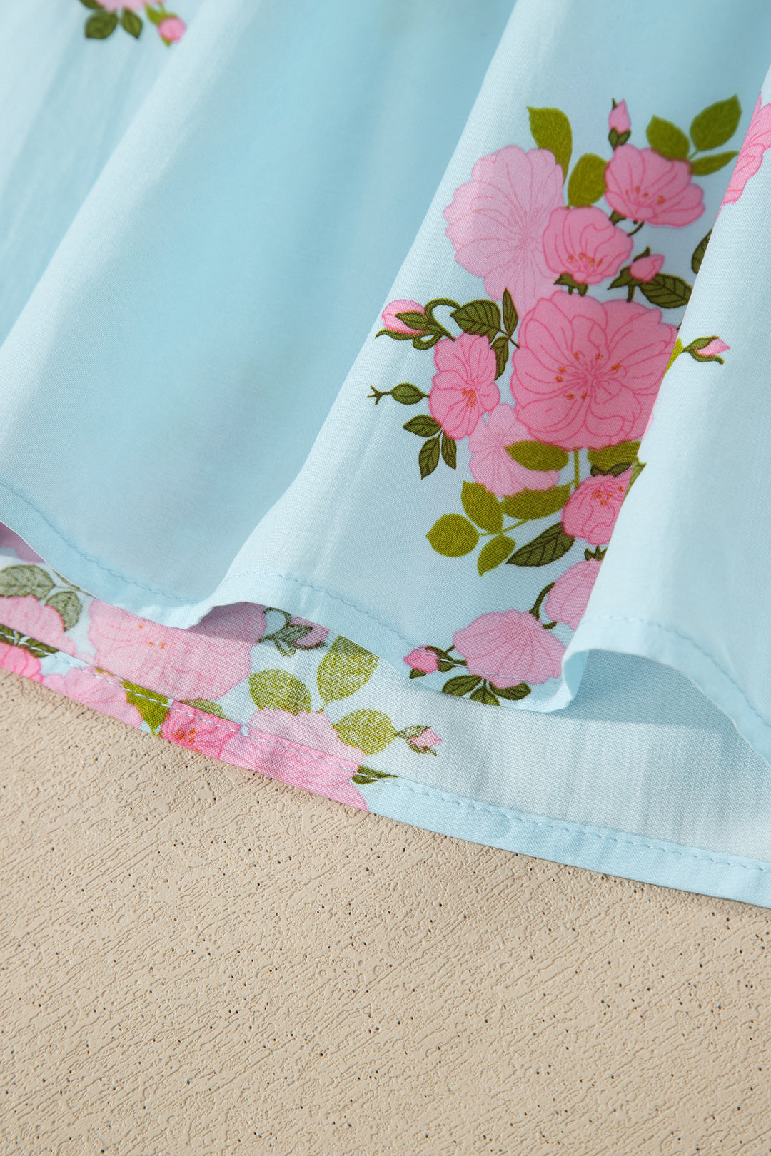 Sky Blue Floral Printed Contrast Ricrac Detail Bubble Sleeve Blouse