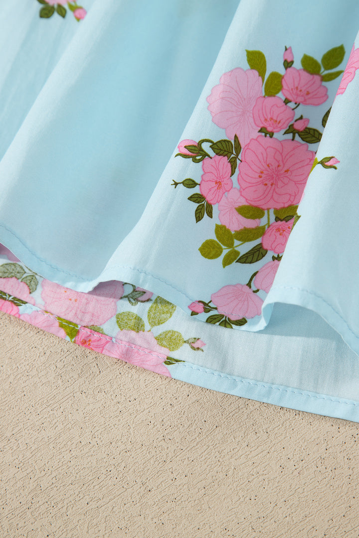 Sky Blue Floral Printed Contrast Ricrac Detail Bubble Sleeve Blouse