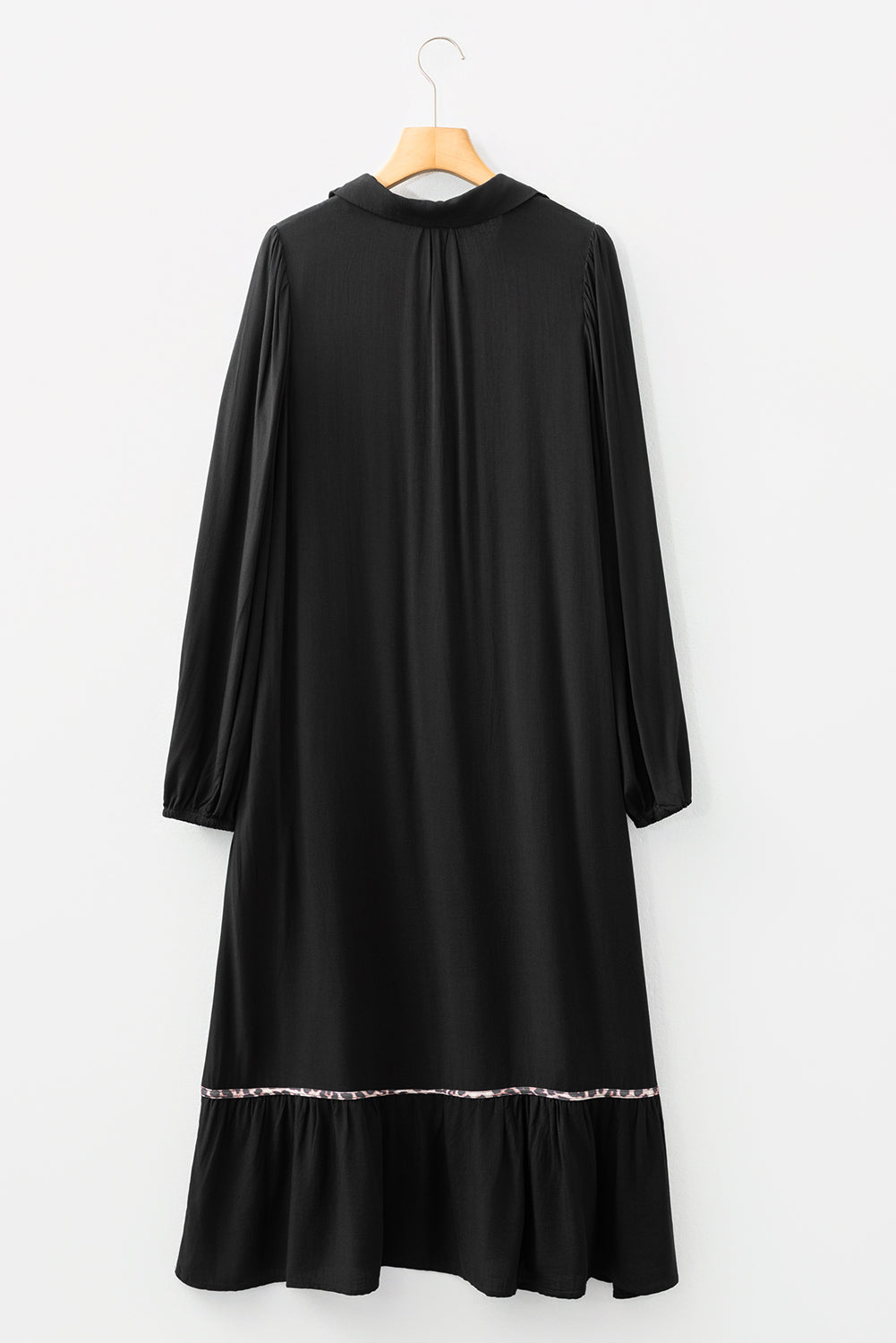 Black Contrast Leopard Trim Bracelet Sleeve Long Dress